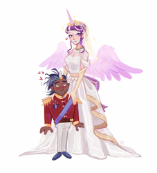 Size: 1764x1946 | Tagged: safe, artist:jellynut, imported from derpibooru, princess cadance, shining armor, human, blushing, breasts, busty princess cadance, cleavage, clothes, dark skin, dress, duo, duo male and female, female, heart, height difference, horn, horn ring, horned humanization, humanized, jewelry, larger female, light skin, looking at you, male, meme, physique difference, ring, shiningcadance, shipping, simple background, size difference, slender, smaller male, smiling, smiling at you, sparkles, straight, tall, the bride and the ugly ass groom, thin, wedding dress, white background, winged humanization, wings