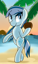 Size: 1500x2500 | Tagged: safe, artist:notadeliciouspotato, imported from derpibooru, oc, oc only, oc:serene dive, earth pony, semi-anthro, beach, bipedal, coconut cup, female, hoof hold, looking at you, mare, smiling, solo, sun, water