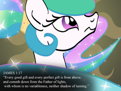 Size: 1600x1200 | Tagged: safe, artist:1611volk, imported from derpibooru, princess celestia, alicorn, pony, bible, bible verse, bust, christianity, ethereal mane, female, hairband, mare, ponytail, religion, solo, text