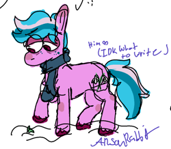 Size: 495x431 | Tagged: safe, artist:arsonrabbit, imported from derpibooru, oc, oc only, oc:frigid flower, earth pony, pony, blue hair, blue mane, blue tail, clothes, digital art, doodle, earth pony oc, freckles, hooves, looking at something, looking down, male, pink coat, plant, raised hoof, red eyes, red hooves, scarf, signature, simple background, solo, stallion, tail, text