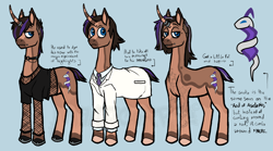 Size: 3900x2162 | Tagged: safe, artist:manticorpse, imported from derpibooru, oc, oc:hazelnutspread, unicorn, clothes, emo, horn, lab coat, male, necktie, piercing, stallion