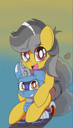 Size: 2000x3500 | Tagged: safe, artist:trackheadtherobopony, imported from derpibooru, oc, oc:silverstream (robot pony), oc:thunder (fl), original species, pegasus, pony, robot, robot pony, wheelpone, looking at you, riding, riding a pony, smoke