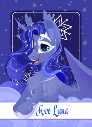 Size: 1739x2388 | Tagged: safe, artist:alrumoon_art, imported from derpibooru, alicorn, abstract background, ave luna, clothes, ear fluff, ear piercing, female, hair over one eye, jewelry, looking at you, mare, necklace, open mouth, piercing, see-through, solo, starry eyes, text, white eyelashes, wingding eyes