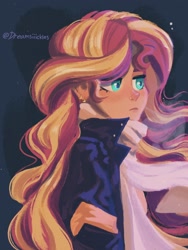 Size: 1536x2048 | Tagged: safe, artist:dreamz, imported from derpibooru, sunset shimmer, equestria girls, clothes, ear piercing, earring, female, jewelry, nose piercing, piercing, scarf, solo, winter