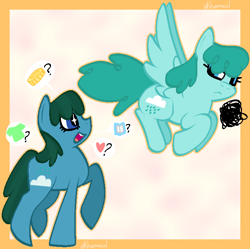 Size: 726x723 | Tagged: safe, artist:kharmacal, imported from derpibooru, spring melody, sprinkle medley, earth pony, pegasus, duo, emanata, passepartout, self paradox, self ponidox, wingding eyes