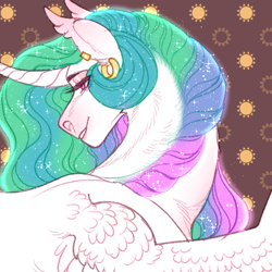 Size: 512x512 | Tagged: safe, artist:snowberry, imported from derpibooru, princess celestia, alicorn, pony, abstract background, bust, curved horn, ear fluff, ear piercing, earring, ethereal mane, horn, jewelry, looking away, lowres, male, piercing, prince solaris, profile picture, rear view, rule 63, smiling, solo focus, sparkles, spread wings, stallion, teeth, wings