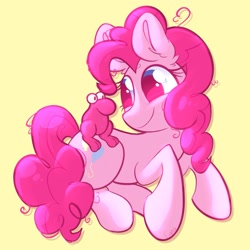 Size: 1933x1933 | Tagged: safe, artist:cupute, imported from derpibooru, pinkie pie, earth pony, pony, adorable face, big ears, big eyes, blue eyes, bluesky, creature, curly hair, curly mane, curly tail, cute, cute face, diapinkes, ears up, female, frizzy hair, full body, highlights, imported from bluesky, looking at each other, looking at hooves, looking at someone, looking at something, looking forward, lying down, mascara, messy mane, nerd, pink coat, pink hair, pink mane, pink tail, ponk, shiny, shiny mane, silly, simple background, smiling, tail, thick eyelashes, yellow background