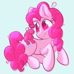 Size: 1933x1933 | Tagged: safe, artist:cupute, imported from derpibooru, pinkie pie, earth pony, pony, adorable face, big ears, big eyes, blue background, blue eyes, bluesky, creature, curly hair, curly mane, curly tail, cute, cute face, diapinkes, ears up, female, frizzy hair, full body, highlights, imported from bluesky, looking at each other, looking at hooves, looking at someone, looking at something, looking forward, lying down, mascara, messy mane, nerd, pink coat, pink hair, pink mane, pink tail, ponk, shiny, shiny mane, silly, simple background, smiling, tail, thick eyelashes