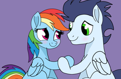 Size: 2139x1395 | Tagged: safe, artist:pinky cloudy, imported from derpibooru, rainbow dash, soarin', pegasus, pony, blushing, female, holding hooves, looking at each other, looking at someone, male, mare, shipping, smiling, smiling at each other, soarindash, stallion, straight