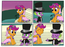 Size: 1054x758 | Tagged: safe, artist:nick-alex-gin, imported from derpibooru, scootaloo, spike, dragon, pegasus, pony, a canterlot wedding, bench, clothes, comic, cute, dress, duo, duo male and female, eyes closed, female, floral head wreath, flower, flower girl, flower girl dress, g4, grass, hat, looking at each other, looking at someone, male, my little pony, night, scootaspike, ship:scootaspike, shipping, sitting, straight, top hat, tuxedo, wingless spike