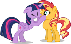 Size: 6314x3942 | Tagged: safe, artist:creedyboy124, imported from derpibooru, sunset shimmer, twilight sparkle, alicorn, pony, unicorn, duo, duo female, eyes closed, female, females only, horn, kissing, lesbian, mare, multicolored hair, show accurate, simple background, transparent background, twilight sparkle (alicorn), vector, wings