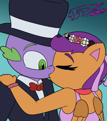 Size: 3700x4200 | Tagged: safe, artist:digi1talpho3nix, imported from derpibooru, scootaloo, spike, anthro, dragon, pegasus, pony, a canterlot wedding, bowtie, clothes, comic, digital art, dress, duo, duo male and female, eyes closed, female, floral head wreath, flower, flower girl, flower girl dress, folded wings, g4, gradient background, hand on shoulder, hat, high res, kissing, male, my little pony, scootaspike, ship:scootaspike, shipping, signature, straight, top hat, tuxedo, wingless spike, wings