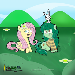 Size: 1730x1730 | Tagged: safe, artist:therich4270, imported from derpibooru, angel bunny, fluttershy, wallflower blush, earth pony, pegasus, pony, clothes, digital art, equestria girls ponified, female, flower, flower in hair, flutterblush, grass, hill, lesbian, ponified, shipping, signature, sweater, trio