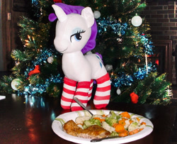 Size: 1077x873 | Tagged: safe, anonymous artist, imported from derpibooru, rarity, pony, unicorn, christmas, christmas tree, clothes, dinner, female, food, holiday, horn, indoors, irl, mare, photo, plushie, socks, solo, striped socks, tree, waifu dinner