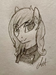 Size: 659x878 | Tagged: safe, artist:biergarten13, imported from derpibooru, pegasus, fallout equestria, bust, clothes, enclave, enclave officer, fallout, looking back, military uniform, pencil drawing, radio, sketch, traditional art, uniform, walkie talkie