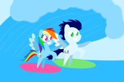 Size: 1935x1285 | Tagged: safe, anonymous artist, derpibooru exclusive, imported from derpibooru, rainbow dash, soarin', surf, pegasus, pony, series:soarindash honeymoon, series:soarindash romantic tales, female, male, mare, ocean, pointy ponies, shipping, smiling, soarindash, stallion, straight, water