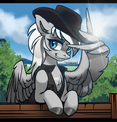 Size: 3000x3138 | Tagged: safe, artist:mouschii, imported from derpibooru, oc, oc only, oc:silver edge, hybrid, cowboy hat, hat, pegabat, solo, wing hands, wings