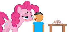 Size: 1400x619 | Tagged: safe, artist:williamtheofficial, imported from derpibooru, pinkie pie, oc, oc:william, earth pony, human, pony, blushing, candy, candy cane, female, food, interspecies, looking at each other, looking at someone, male, mare, shipping, simple background, table