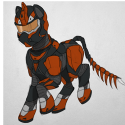 Size: 878x878 | Tagged: safe, alternate version, artist:biergarten13, imported from derpibooru, oc, oc only, hybrid, kirin, fallout equestria, armor, digital art, fallout, kirin oc, power armor, solo, traditional art