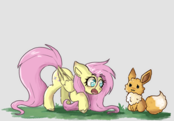 Size: 1738x1214 | Tagged: safe, artist:inked-dee, imported from derpibooru, fluttershy, eevee, pegasus, pony, :3, blushing, female, mare, open mouth, pokémon, unshorn fetlocks