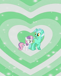 Size: 960x1198 | Tagged: artist needed, safe, anonymous artist, artist:moongazeponies, artist:tajohnson6, imported from derpibooru, lyra heartstrings, sweetie belle, pony, unicorn, crack shipping, cute, diasweetes, duo, female, filly, foal, heart, heart background, horn, lesbian, looking at each other, looking at someone, lyrabelle, lyrabetes, mare, open mouth, open smile, shipping, smiling, smiling at each other