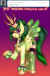 Size: 731x1100 | Tagged: safe, artist:slugbox, imported from derpibooru, oc, oc only, oc:anurae, alicorn, ask, ask anurae, cloven hooves, female, gradient background, solo, tongue out, tumblr