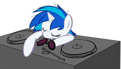 Size: 900x513 | Tagged: safe, artist:briskby, imported from derpibooru, dj pon-3, vinyl scratch, unicorn, female, horn, simple background, sleeping, solo, transparent background, turntable, vinyl's glasses