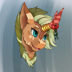 Size: 2160x2160 | Tagged: safe, artist:tenebrisnoctus, imported from derpibooru, oc, oc only, kirin, abstract background, bust, high res, kirin oc, mistletoe, open mouth, open smile, smiling, solo