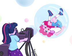 Size: 1135x892 | Tagged: safe, artist:siemensohm, imported from derpibooru, pinkie pie, sci-twi, twilight sparkle, human, equestria girls, bubble, bubble gun, duo, duo female, female, floating, in bubble, simple background, white background