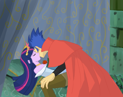 Size: 1140x897 | Tagged: safe, artist:siemensohm, imported from derpibooru, flash sentry, twilight sparkle, human, equestria girls, big crown thingy, duo, duo male and female, element of magic, eyes closed, female, flashlight, flower, jewelry, kiss on the lips, kissing, male, regalia, rose, shipping, sleeping beauty, straight