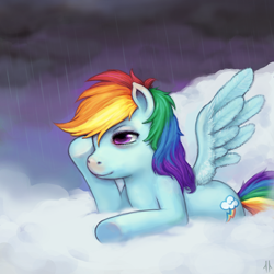 Size: 614x614 | Tagged: safe, artist:corpsecrow, imported from derpibooru, rainbow dash, pegasus, pony, cloud, female, mare, rain, realistic, smiling, solo