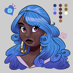 Size: 2048x2048 | Tagged: safe, artist:twillow, imported from derpibooru, part of a set, izzy moonbow, human, bust, color palette, dark skin, ear piercing, earring, g5, gray background, high res, hooped earrings, humanized, jewelry, looking at you, piercing, signature, simple background, smiling, smiling at you