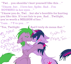 Size: 343x309 | Tagged: safe, artist:tsukaimonboom, imported from derpibooru, spike, twilight sparkle, earth pony, pony, unicorn, blushing, colored eyelashes, crying, dialogue, duo, duo male and female, female, floppy ears, g4, green eyelashes, hoof on shoulder, horn, hug, implied infidelity, implied lesbian, kiss on the lips, kissing, male, mare, not shipping, picture for breezies, pixel-crisp art, ponified, ponified spike, purple eyelashes, species swap, stallion, text, unicorn twilight, wingless spike