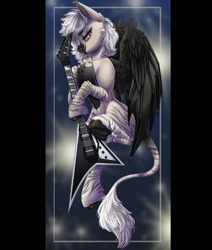 Size: 610x719 | Tagged: safe, artist:querisyart, imported from derpibooru, oc, oc only, pegasus, pony, :p, chest fluff, coat markings, frog (hoof), guitar, leonine tail, looking at you, musical instrument, solo, tail, tongue out, underhoof, unshorn fetlocks