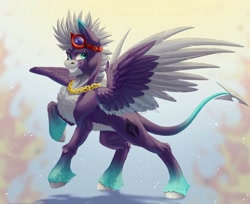 Size: 2048x1669 | Tagged: safe, artist:querisyart, imported from derpibooru, oc, oc only, pegasus, pony, abstract background, chains, chest fluff, countershading, eye scar, facial scar, fangs, fit, goggles, goggles on head, grin, ribs, scar, slender, smiling, solo, spread wings, thin, unshorn fetlocks, watermark, wings