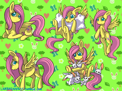 Size: 1500x1125 | Tagged: safe, artist:lambreakfast, imported from derpibooru, fluttershy, butterfly, pegasus, pony, rabbit, animal, cloud, colored pupils, heart, patterned background