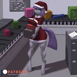 Size: 1000x1000 | Tagged: safe, artist:kevinsano, imported from derpibooru, maud pie, anthro, earth pony, unguligrade anthro, big breasts, breasts, busty maud pie, christmas, clothes, conveyor belt, dress, female, hat, holiday, mare, present, santa dress, santa hat, solo, wide hips