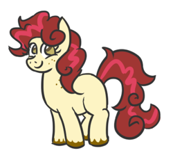 Size: 744x654 | Tagged: safe, artist:jargon scott, imported from derpibooru, oc, oc only, oc:cheesecake, earth pony, pony, earth pony oc, female, freckles, mare, simple background, smiling, solo, tail, unshorn fetlocks, white background