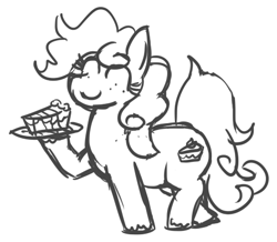 Size: 475x414 | Tagged: safe, artist:jargon scott, imported from derpibooru, oc, oc only, oc:cheesecake, earth pony, pony, cake, cheesecake, earth pony oc, eyes closed, female, food, grayscale, mare, monochrome, simple background, smiling, solo, tail, white background