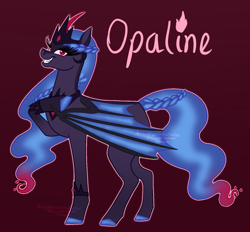 Size: 1183x1098 | Tagged: safe, artist:azira faerinx, imported from derpibooru, opaline arcana, alicorn, pony, alternate accessories, alternate coat color, alternate color palette, alternate design, alternate eye color, alternate hairstyle, alternate mane color, alternate tail color, alternate tailstyle, arm bracelet, black coat, blue fire, blue hooves, braid, coat markings, dorsal stripe, dragon wings, evil, evil grin, fire, fire alicorn, full body, g5, grin, horn, mane of fire, pose, red eyes, red horn, redesign, smiling, tail, wings