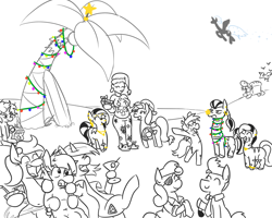 Size: 1280x1024 | Tagged: safe, artist:jargon scott, imported from derpibooru, princess luna, oc, oc:bahama nectar, oc:baroness, oc:bread pony, oc:chocolate dip, oc:dewdrop sunshine, oc:grittyguts, oc:horsey husband, oc:human wifey, oc:limit state, oc:long neck zebra, oc:low rider, oc:pierced zebra, oc:tater trot, bird, bread pony, earth pony, food pony, original species, pegasus, pony, seagull, unicorn, zebra, 2017, bag, belly, belly button, bipedal, bracelet, bread, christmas, christmas tree, clothes, cocktail glass, cocktail umbrella, coconut, coconut cup, crotchboobs, ear piercing, earring, earth pony oc, eyebrow piercing, eyepatch, eyes closed, female, flying, food, gift exchange, happy, hat, holiday, horn, jewelry, lip piercing, male, mare, necklace, necktie, nose piercing, nudity, olive, onion, open mouth, open smile, palm tree, partial color, pegasus oc, piercing, ponified, present, prince artemis, rule 63, running, running away, santa hat, sarong, scar, slippers, smiling, stallion, tail, tail wrap, tree, unamused, unicorn oc, wings, zebra oc