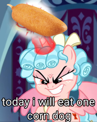 Size: 932x1171 | Tagged: safe, edit, edited screencap, imported from derpibooru, screencap, cozy glow, alicorn, pony, the ending of the end, alicornified, canterlot, caption, castle, corn, corndog, cozycorn, cozyposting, cropped, food, grin, image macro, meat, meme, my little pony, phone, race swap, sausage, smiling, solo, text