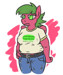 Size: 676x814 | Tagged: safe, artist:jargon scott, imported from derpibooru, oc, oc only, oc:low rider, anthro, pegasus, belt, chubby, clothes, denim, jeans, lidded eyes, pants, pegasus oc, shirt, solo, wings