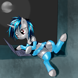 Size: 1024x1024 | Tagged: safe, artist:snus-kun, imported from derpibooru, dj pon-3, vinyl scratch, pony, semi-anthro, unicorn, bra, bra on pony, chest fluff, clothes, computer, female, horn, human shoulders, humanoid torso, laptop computer, mare, midriff, moon, panties, red eyes, shoulder fluff, skirt, solo, thicc thighs, thighs, thunder thighs, underwear, wide hips