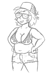 Size: 357x522 | Tagged: safe, artist:jargon scott, imported from derpibooru, oc, oc only, oc:low rider, human, belly, belly button, big breasts, bikini, bikini top, breasts, chubby, cleavage, clothes, female, grayscale, hand on hip, hat, humanized, humanized oc, light skin, monochrome, muffin top, open mouth, open smile, shorts, simple background, smiling, solo, sunglasses, swimsuit, white background