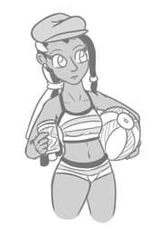 Size: 350x495 | Tagged: safe, artist:jargon scott, imported from derpibooru, oc, oc only, oc:carjack, human, beach ball, belly, belly button, bikini, clothes, dark skin, drink, female, grayscale, hat, humanized, humanized oc, monochrome, simple background, solo, swimsuit, white background