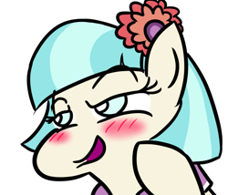 Size: 592x507 | Tagged: safe, artist:jargon scott, imported from derpibooru, coco pommel, earth pony, pony, 2017, blushing, bust, female, flower, flower in hair, lidded eyes, mare, open mouth, open smile, portrait, simple background, smiling, smug, white background