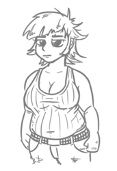 Size: 361x528 | Tagged: safe, artist:jargon scott, imported from derpibooru, oc, oc only, oc:low rider, human, belly, belly button, belt, big breasts, breasts, chubby, cleavage, clothes, denim, female, grayscale, humanized, humanized oc, jeans, lidded eyes, monochrome, pants, simple background, solo, tanktop, white background