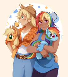 Size: 1804x2048 | Tagged: safe, artist:applesartt, imported from derpibooru, applejack, rainbow dash, earth pony, human, pegasus, pony, abstract background, appledash, applejack plushie, applejack's hat, cowboy hat, dark skin, duo, duo female, female, freckles, hat, humanized, lesbian, looking at you, plushie, pony plushie, rainbow dash plushie, shipping, smiling, smiling at you