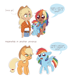 Size: 1804x2048 | Tagged: safe, artist:applesartt, imported from derpibooru, applejack, rainbow dash, earth pony, human, pegasus, pony, appledash, applejack's hat, arrow, cowboy hat, dark skin, dialogue, duo, duo female, eye clipping through hair, eyebrows, eyebrows visible through hair, female, freckles, hairband, hat, humanized, lesbian, mare, meme, parallel universe, plushie, pony plushie, rainbow dash plushie, sad, shipping, simple background, speech bubble, spread wings, tail, tail band, talking, white background, wings